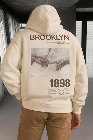 Benroma 3 İplik Penye Brooklyn Baskılı Sweatshırt Bej