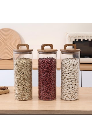 Borosilikat Cam Vakumlu Kavanoz 1550 Ml Akasya Kapaklı Bakliyat & Baharat Kavanozu 3 Adet Şeffaf