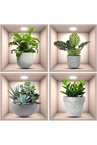 Geekyou 3d Yeşil Bitki Duvar Sticker, 4 Adet, Vinyl, Su Geçirmez, Kolay Uygulama, 30x30cm, Çeşitli Yüzeyler İçin, Mutfak/oda Dekorasyonu Çok Renkli