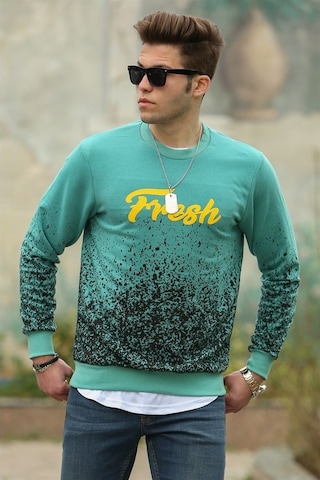 Yeşil Baskılı Bisiklet Yaka Sweatshirt