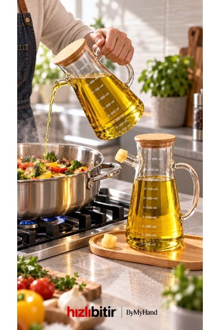Bymyhand Ahşap Vakumlu Kapaklı Ahşap Stantlı Borosiklat Cam Yağdanlık Sirke Sos Ve Yağlık 900 Ml 3'l Şeffaf