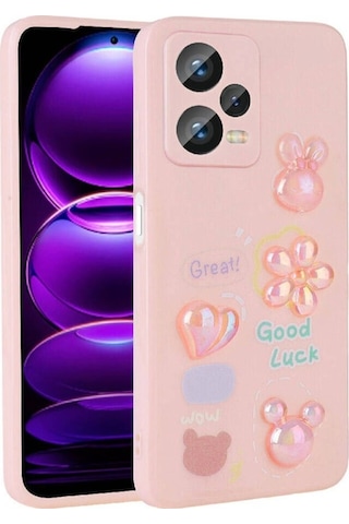 Xiaomi Redmi Note 12 4g Kılıf Kabartma Figürlü Parlak Zore Toys Silikon Kapak Pembe