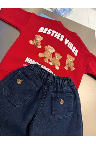 Eray Alp Kids Kız Çocuk Sweatshirt Jean Pantolon Takım Günlük Rahat Kombin Kırmızı