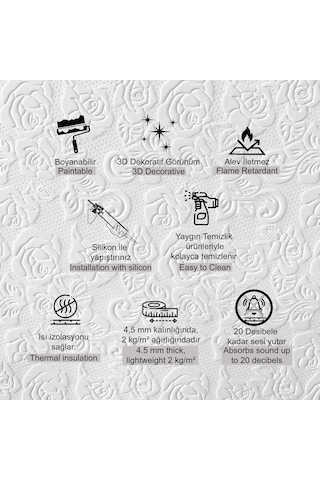 3d Duvar Paneli Boyanabilir Dekota 60x120 Cm / Güllü Desenli 7'li Paket-5 M²