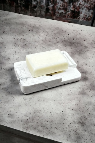Betonmall Mermer Desenli Banyo Mutfak Tuvalet Beton Katı Sabunluk Su Giderli Süzgeç Model 8x13 Cm - Beyaz Beyaz