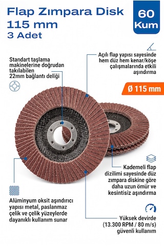 115 Mm Flap Zımpara Diski 60 Kum 3 Adet Açılı Metal Taşlama Ucu