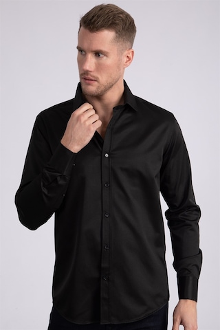Tudors Modern Slim Fit Düz Saten Erkek Gömlek-23049 Siyah