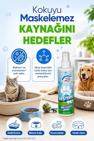 Resteril Pet Parfümsüz Köpek Koku Giderici Köpek İdrar Çiş Kokusu Giderici Dezenfektan Sprey Kedi Kumu Tuvaleti Koku Önleyici 2 x 200 ML
