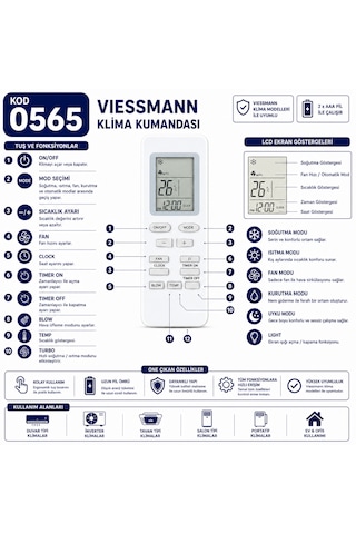 Viessmann 0565 Klima Kumandası Lcd Ekranlı Isıtma Soğutma Fan Turbo Uyku Modu Zamanlayıcı Yedek Kumanda