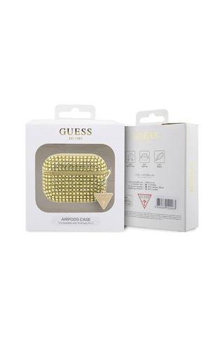 Apple Uyumlu AirPods Pro 2 Kılıf Guess Lisanslı Parıltılı Taş Kaplamalı Üçgen Logo Süs Zincirli Gold