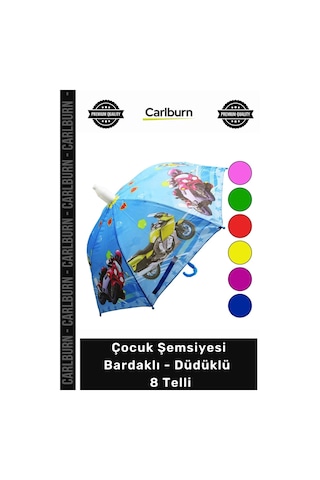 Carlburn Özel Üretim Renkli Dayanıklı Rüzgara Dirençli Okul Çocuk Şemsiyesi Bardaklı Düdüklü 8 Telli Çok Renkli