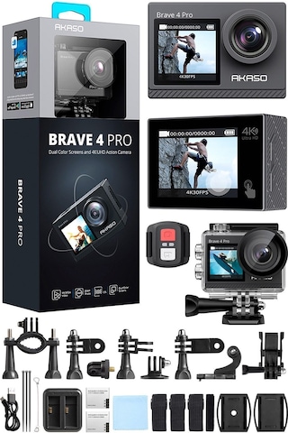 Akaso Brave 4 Pro Dual Screens 4K 30Fps Wi-Fi Aksiyon Kamera ve Süper Aksesuar Seti (Akaso Türkiye 2 Yıl Garantili)