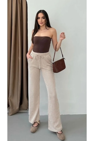 Yandan Cepli Beli Bağcıklı Su Yolu Kadın Çizgili Pantolon Kahverengi