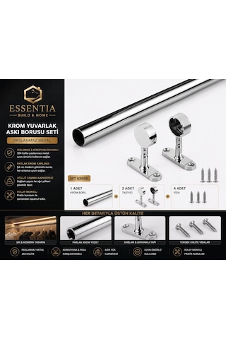 Krom Yuvarlak Askı Borusu Seti 65 Cm Paslanmaz Metal Dolap İçi Elbise Askılık Sistemi Çoklu Renk