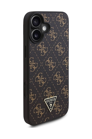 Apple iPhone 16 Plus Uyumlu Kılıf Guess Lisanslı Pu Deri 4g Desenli Üçgen Logolu Kapak Siyah