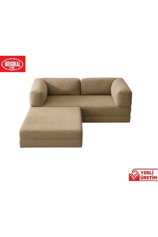Herev 180x180 Cm 50 Dns Modüler Köşe Koltuk Fitilli Kadife Kumaş, Yatak Olabilen, Modern Tasarım Şark Köşe Bej