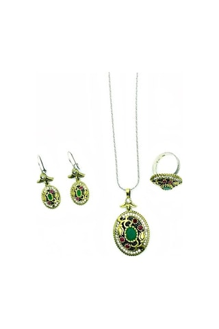 Kök Yakut Ve Zümrüt Taşlı Otantik Oksitli Gümüş Kadın Set Yüzük K