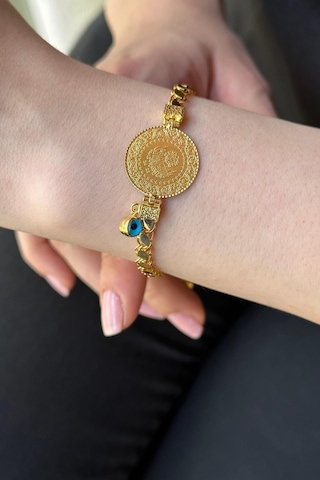 Zümrüt Sarraf 14 Ayar Altın Nazar Boncuklu Çeyrekli Bileklik Sarı Altın