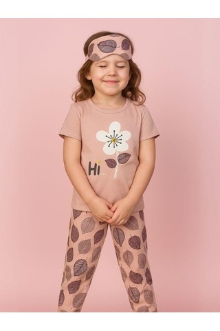 Kız Çocuk Pamuklu Kısa Kol Çiçek Desenli Pijama Takım Uyku Bandı Dahil -16034 Pembe
