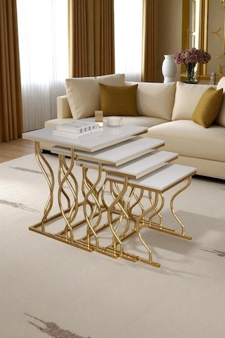 Arden Elite 4'lü Kare Zigon Sehpa Seti Gold Ayak, Krem Mdf Beyaz