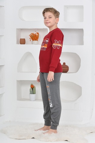 Modanino Erkek Çocuk Baskılı %100 Pamuk İnterlok Kumaş Pijama Takımı 12446 Bordo