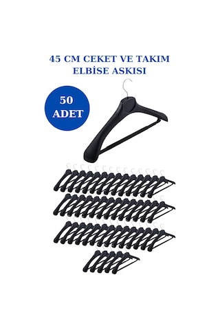 50 Adet Plastik Yüksek Kalite Ceket Askısı Elbise Askısı Siyah