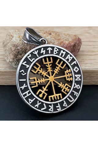 Paslanmaz Çelik Altın Renk Detaylı Vegvisir Pusula Viking Kolye Altın - Gümüş