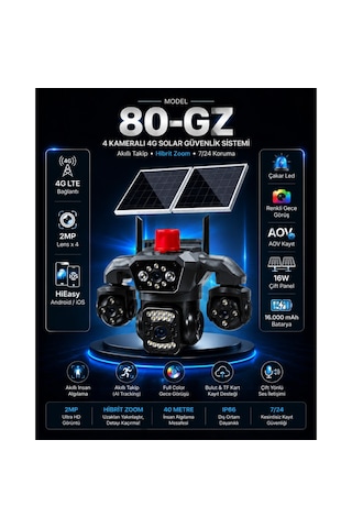 Hieasy 80-gz 8mp 4 Kamera 4g Solar Sim Ptz Sesli Akıllı Hibrit Zoom Güvenlik Kamera 7/24 Koruma