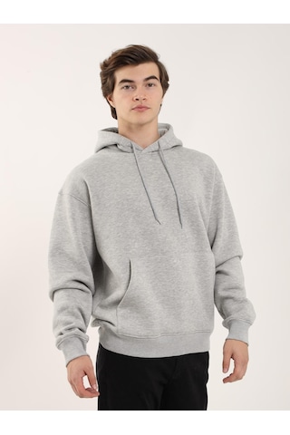 Dufy Erkek Oversize Düz Pamuklu Kapüşonlu Sweatshirt Gri Melanj - 103742 Gri