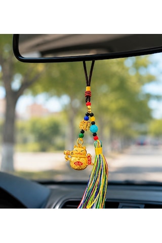 Feng Shui Bereket Ve Şans Kedisi Asılabilir Dekor /maneki Neko Gold Püsküllü Araba Aynası Süsü 1 Adet