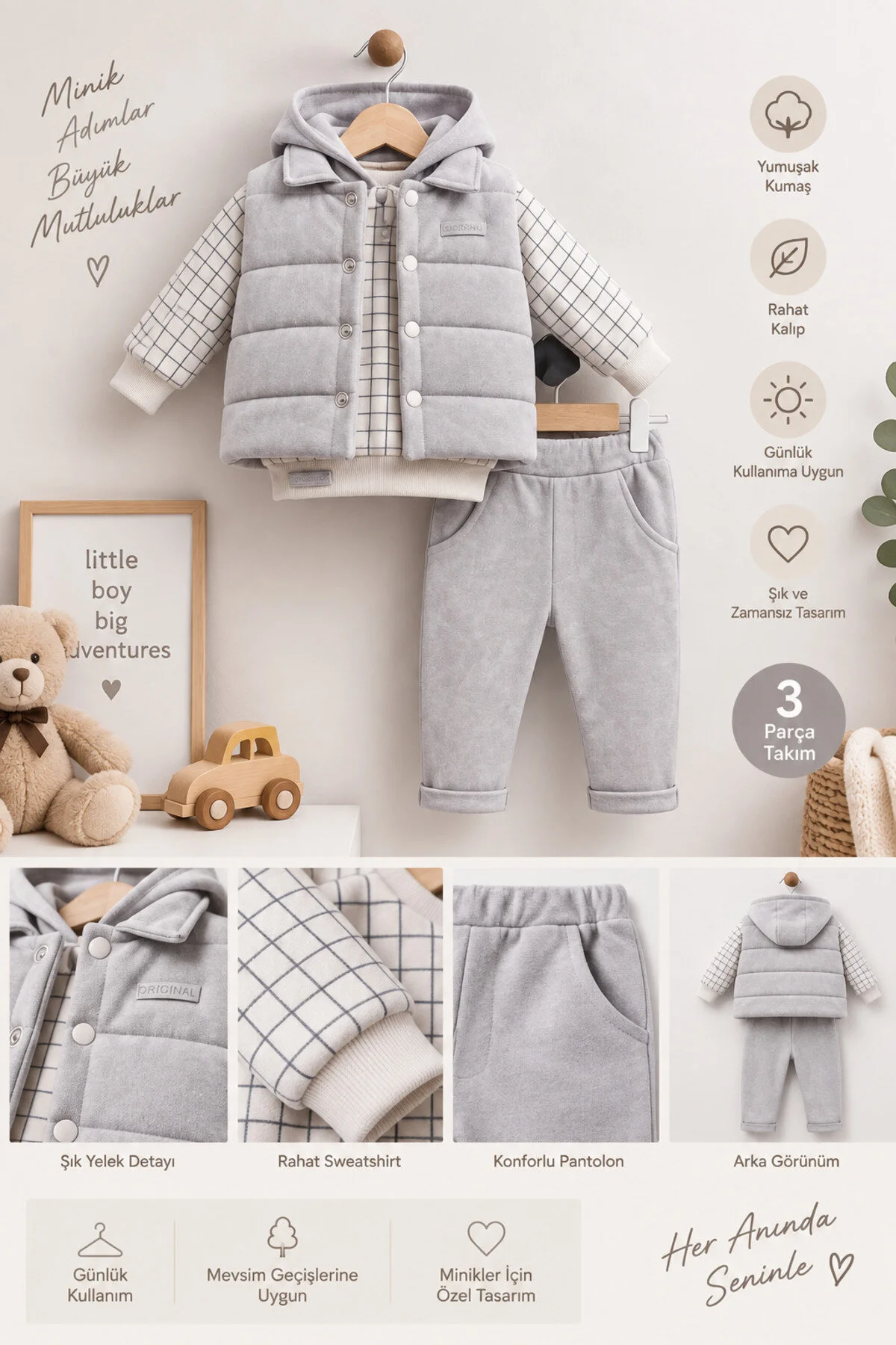 Bilge Trend Erkek Bebek Gri Kapüşonlu Sweat , Şişme Yelek , Pantolon 3 Parça Premium Seri Kışlık Takım