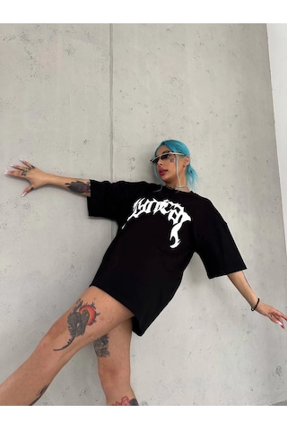 Novalisse Kadın Baskılı Bisiklet Yaka T-shirt - Siyah Çoklu Renk