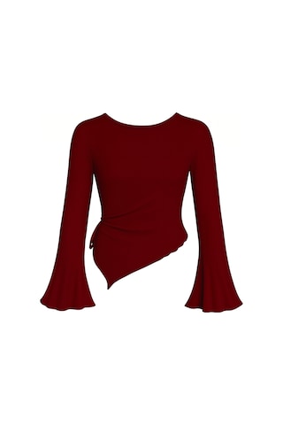 Meren Like Your Style Bordo Yuvarlak Yaka Drape Detaylı İspanyol Kol Tesettür Uyumlu Üst Bluz Bordo
