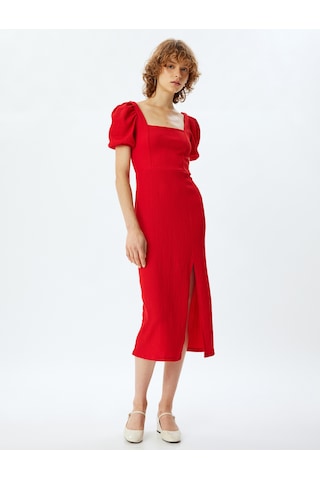 Koton Balon Kol Elbise Bodycon Midi Boy Kare Yaka Sırtı Bağcıklı Yırtmaç Detaylı Kırmızı 4sal80193ık Kırmızı