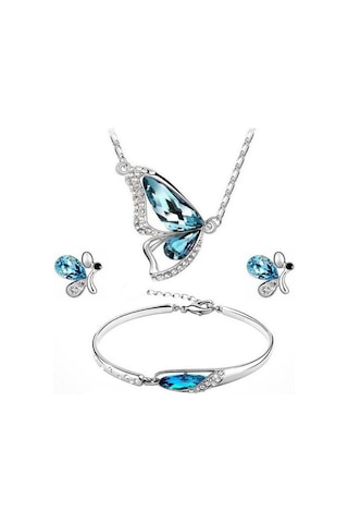 Xindoker Kadınlar İçin Mavi Kelebek Desenli Üçlü Takı Seti - Kolye, Bilezik Ve Küpe - Alli Yum Ve Kristal - Özel Günler İçin Zengin Görünüm