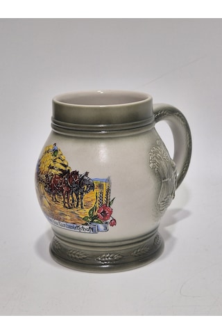 Vintage Tankart Hasat Zamanı Temalı Alman Seramik Bira Bardağı 13,5cm