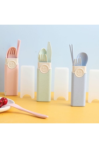 Sones 4'ü 1 Arada Taşınabilir Buğday Samanı Sofra Takımı Açık Hava Seyahat Saklama Sofra Takımı Kutusu, Stil: B Bıçaklı