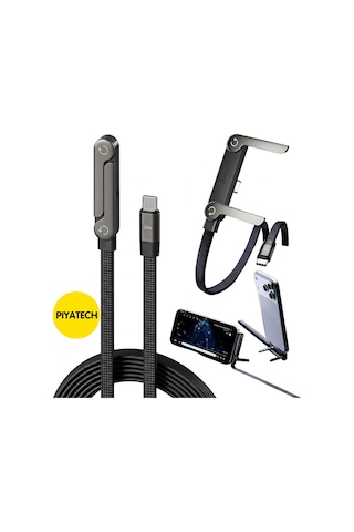Piyatec 240w Hızlı Şarj Kablosu Entegre Katlanabilir Telefon Standlı 90 Derece Dirsek Tasarımlı Örgü Data Kablosu 1