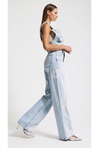 Meryu Ticaret Jeans Pantolon Straight Fit Taş İnci Dantel Detaylı Özel Tasarım Denim Buz Mavi