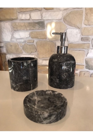 Siyah Dalgalı Mermer 3'lü Banyo Seti Beyaz