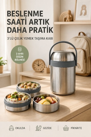 1.8 Litre 3'lü Paslanmaz Çelik Sızdırmaz Termos Yemek Taşıma Kabı / Sefer Tası Beslenme Kutusu Çelik Rengi
