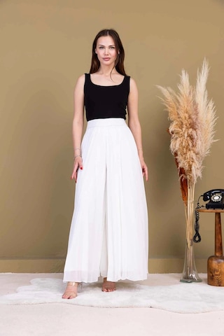 Lodmela Beli Lastikli Pliseli Şifon Pantolon 6030-beyaz Beyaz