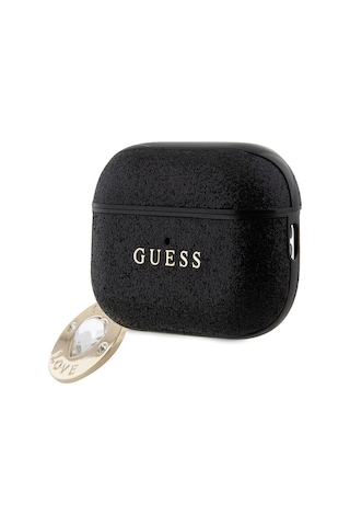 Apple Uyumlu AirPods Pro 2 Kılıf Guess Lisanslı Glitter Elmas Kalp Süs Zincirli Siyah