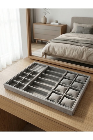 Homebiente Xlarge 50x36,5 Cm Gri Kadife Saat, Gözlük, Yüzük Ve Küpe Takı Organizer Tablası