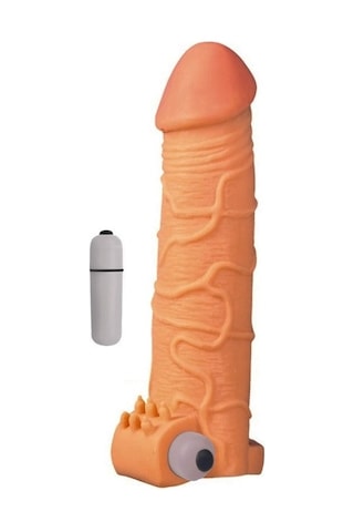 Erofoni Yeni Nesil Ucu 6 CM Dolgulu Titreşimli 17 CM Süper Realistik Uzatmalı Penis Kılıfı﻿﻿