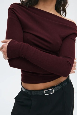 Madmext Bordo Kadın Off Shoulder Uzun Kollu Bluz Mg2567 Bordo