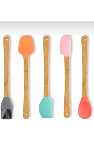 5 Li Renkli Bambu Saplı Silikon Küçük Boy Spatula Seti Kahverengi