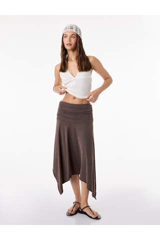 Koton Viskon Karışımlı Drape Detaylı Asimetrik Midi Etek Kahverengi 6sal70063ık