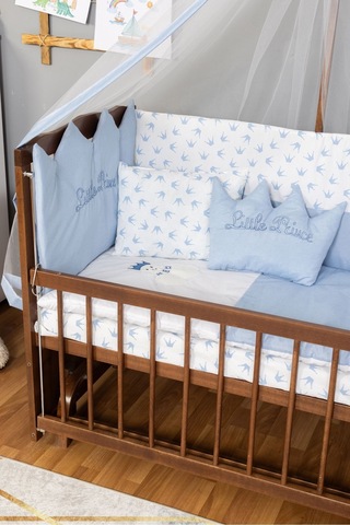 Ahşap Beşik Anne Yanı Beşik Ceviz 60x120 Mavi Prens Erkek Uyku Seti Yatak Ceviz