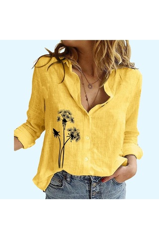 Kadın Moda Çiçek Desenli Keten Üst İlkbahar Yaz&sonbahar Günlük Uzun Kollu Düğmeli Gömlek Bayan Dik Yaka İnce Bluz Sari